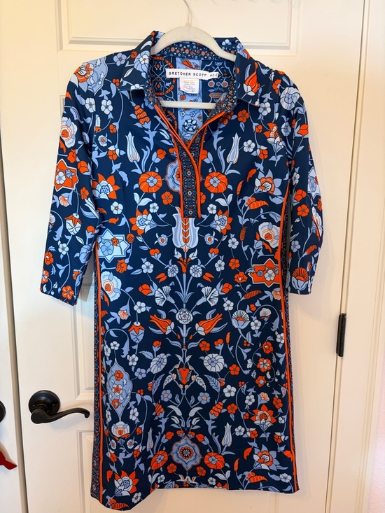 Gretchen Scott Designs Dresses & Skirts - Gretchen Scott Navy Floral Popover with Orange Trim